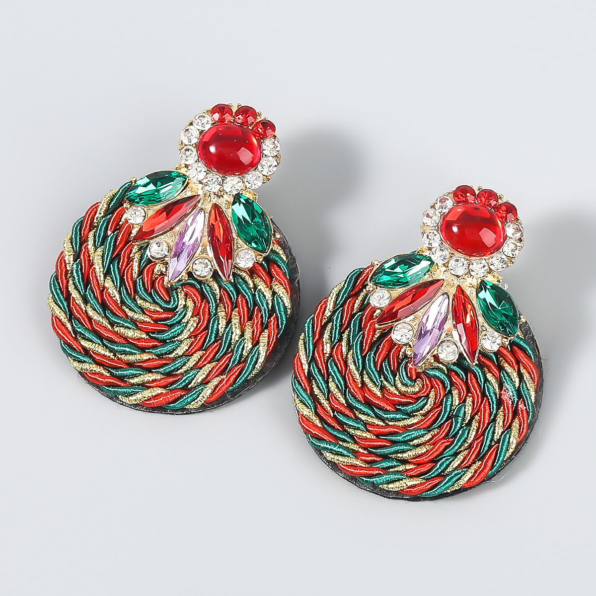 Fashion Red Alloy Diamond Elastic Wire Braided Round Stud Earrings