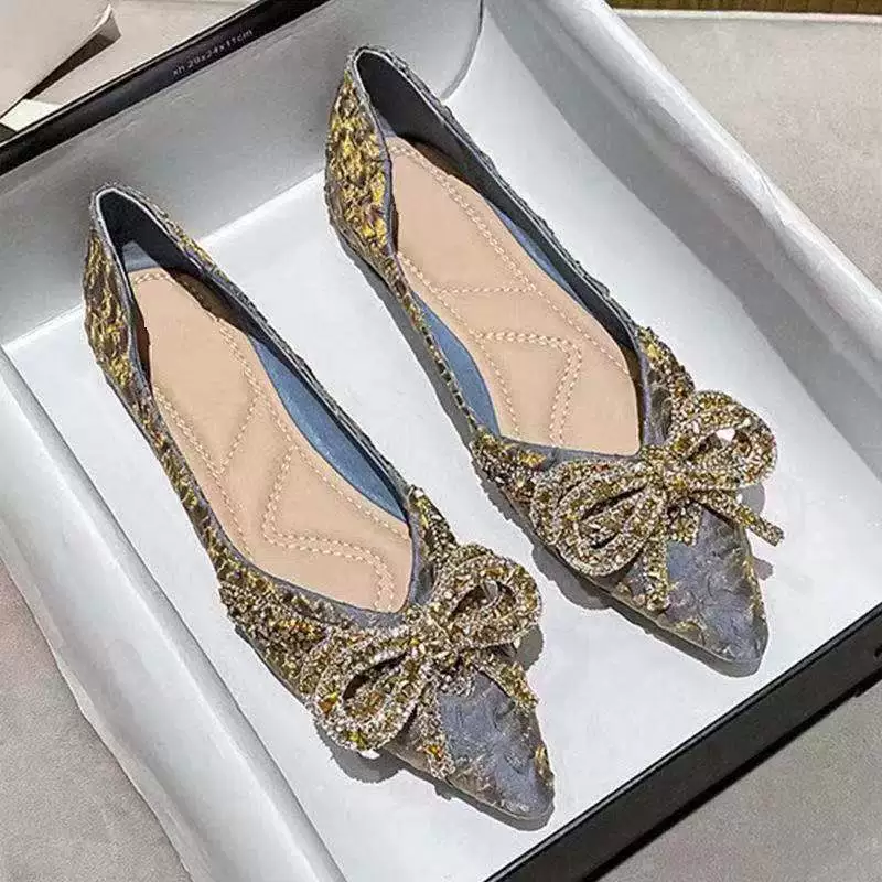 2023 Four Seasons, новый стиль, женские туфли со стразами и бантом в западном стиле, универсальные однослойные туфли без шнуровки на плоской подошве, женские вечерние Бриз