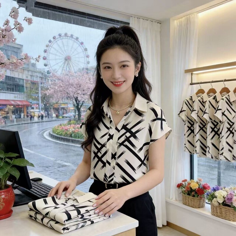 2026 Summer New Korean Style Loose Short-Sleeve Shirt for Women, Tummy-Covering Slimming Design, Chiffon Printed Top 2026 Summer New Korean Style Loose Short-Sleeve Shirt for Women, Tummy-Covering Slimming Design, Chiffon Printed Top