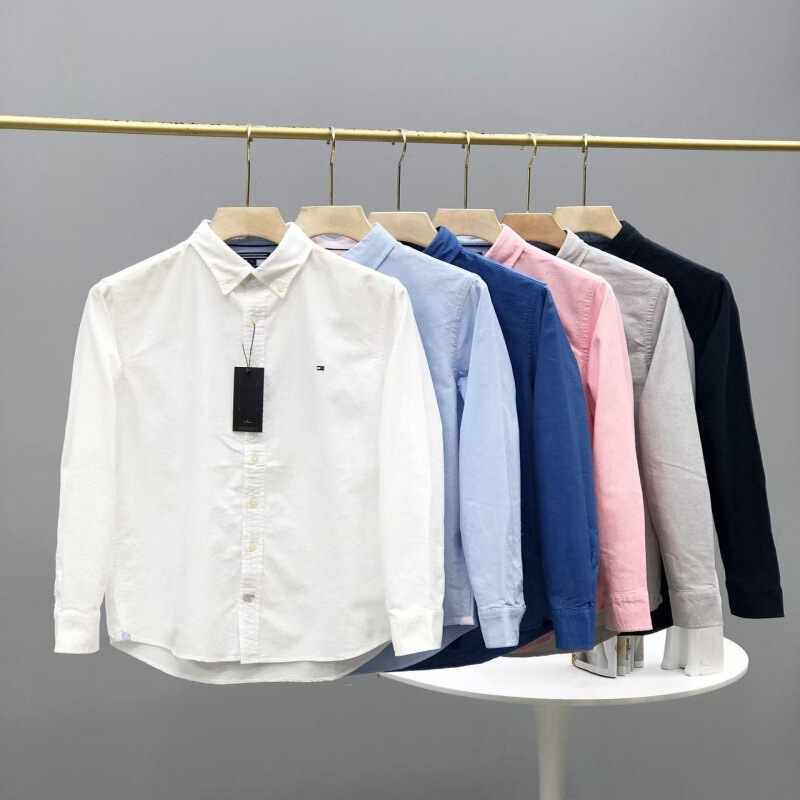 Spring and Autumn Tommy Tommy Men's Simple Solid Color Embroidered Casual Long Sleeve Lapel Oxford Shirt