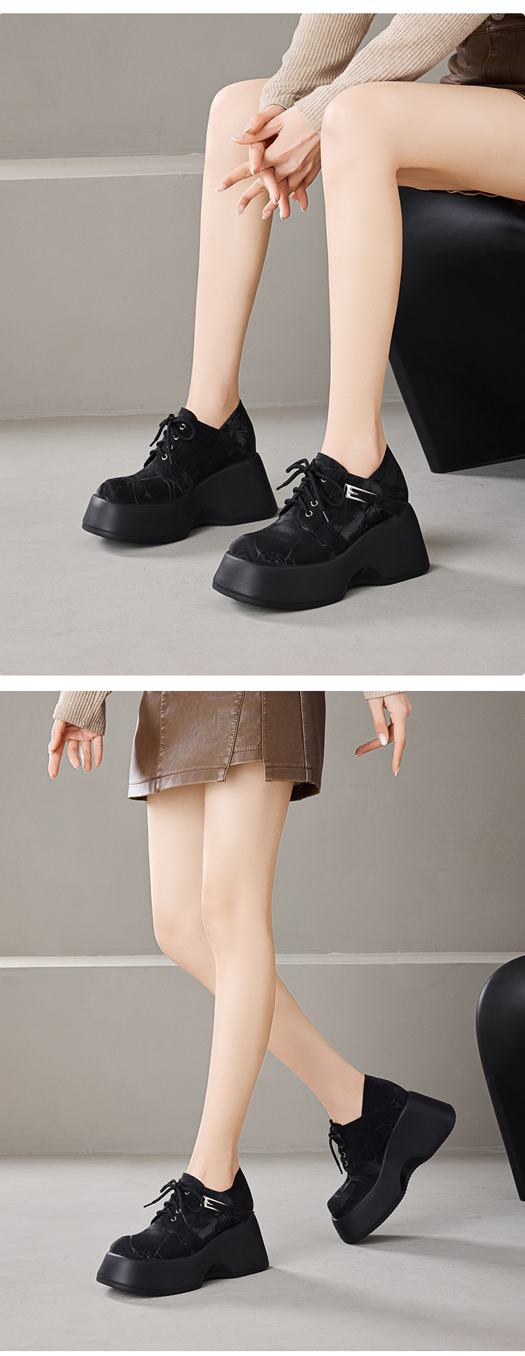 Giày sneaker nữ đế dày 10 cm buộc dây phong cách bệt platform — màu đen chi tiết 6