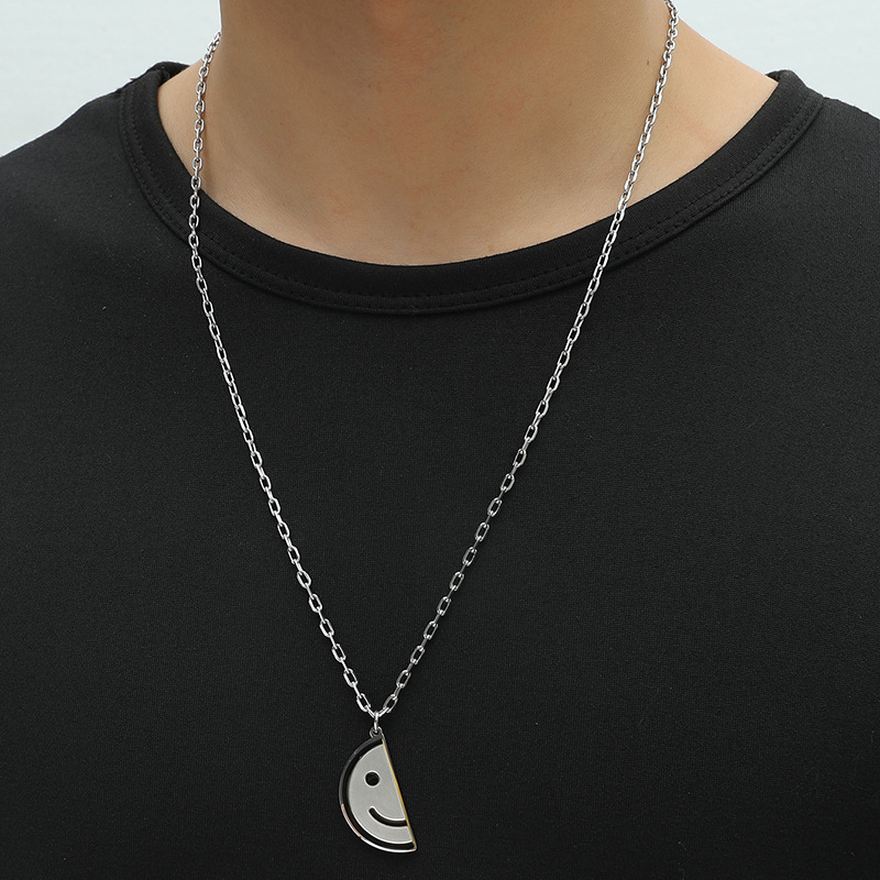 cartoon cute smiling pendant stainless steel round card stitching smiley face necklace fashion simpl