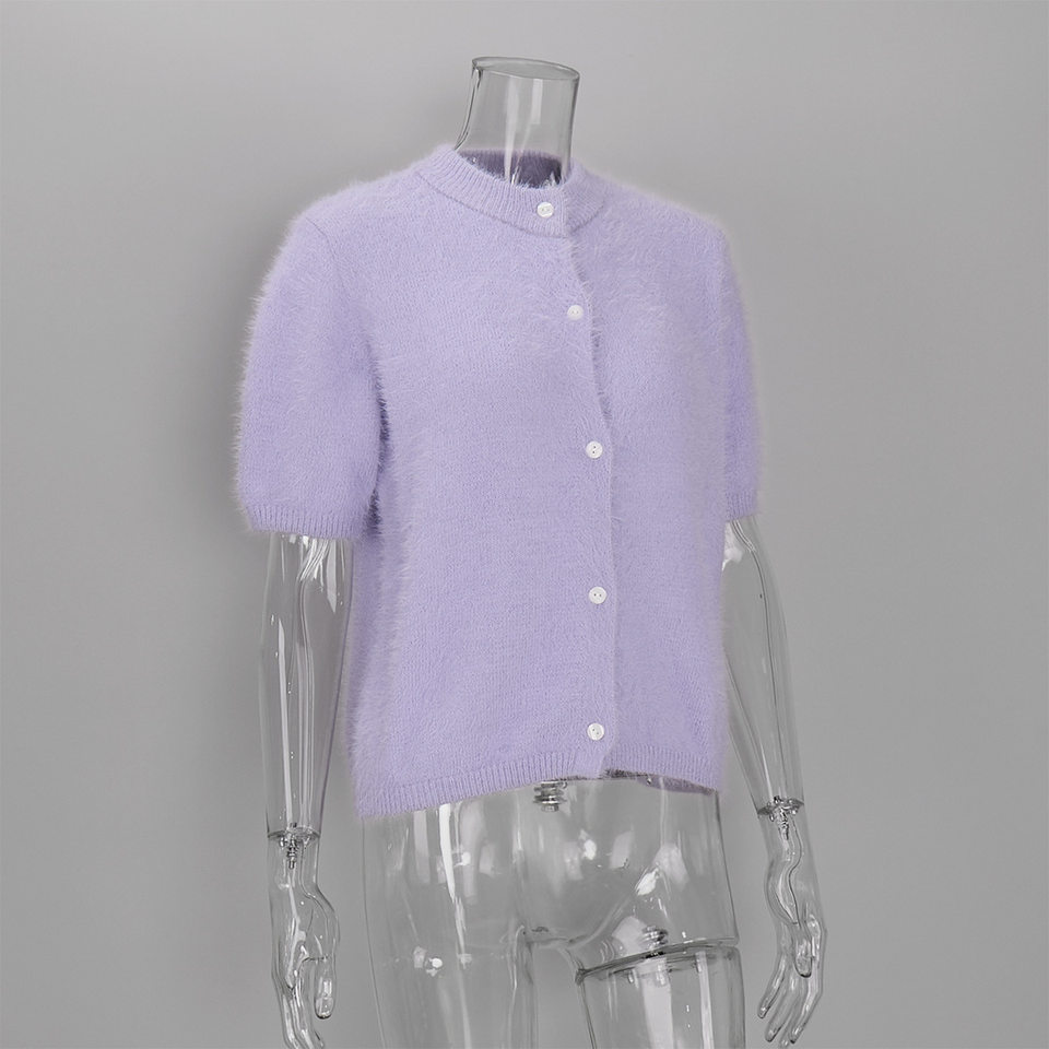 Áo cardigan dệt kim tay ngắn cổ bán cao ôm dáng phong cách retro — Màu hồng, Màu hồng cánh sen, Màu trắng, Màu tím chi tiết 63
