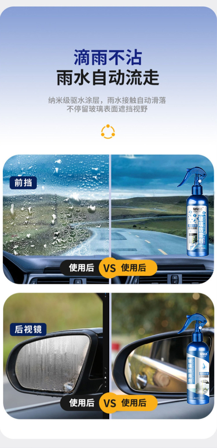 Glass anti-fog agent, glass anti-rain agent, rearview mirror anti-rain agent, car glass water repellent, car water repellent