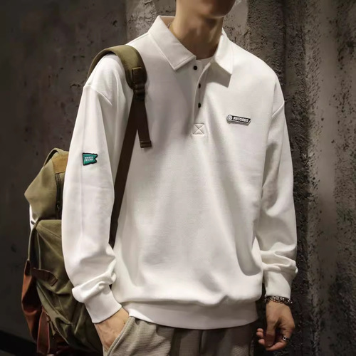 American-style high street polo shirt men's cotton and fleece long-sleeved winter and autumn white collar top coat