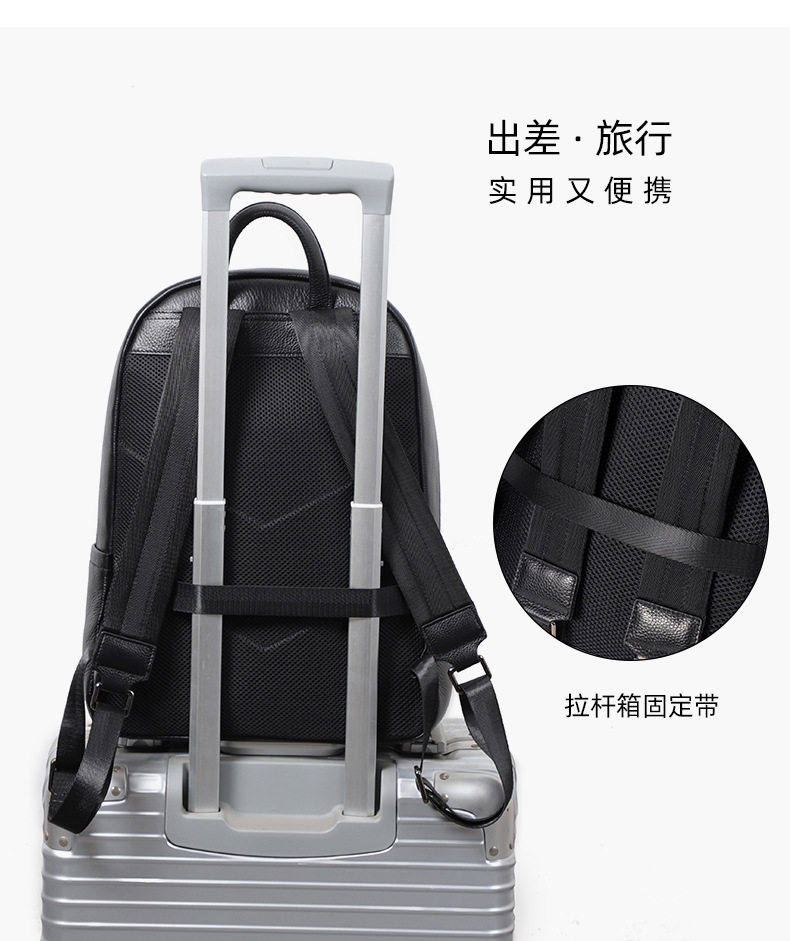 Ba lô nam da bò thật cỡ lớn 30×13×41 cm, ba lô du lịch công tác chống trộm ngăn laptop 14 inch — Màu đen chi tiết 7