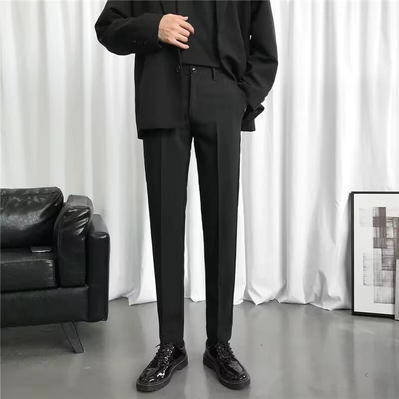 Летний костюм, черные мужские длинные тонкие штаны, slim fit, плюс размер, свободный прямой силуэт