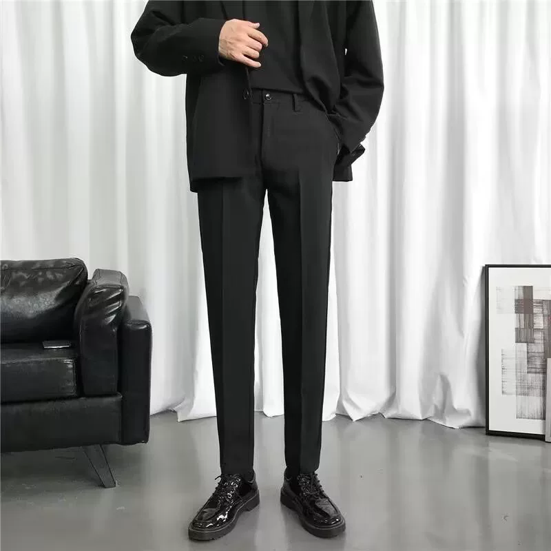 Летний костюм, черные мужские длинные тонкие штаны, slim fit, плюс размер, свободный прямой силуэт