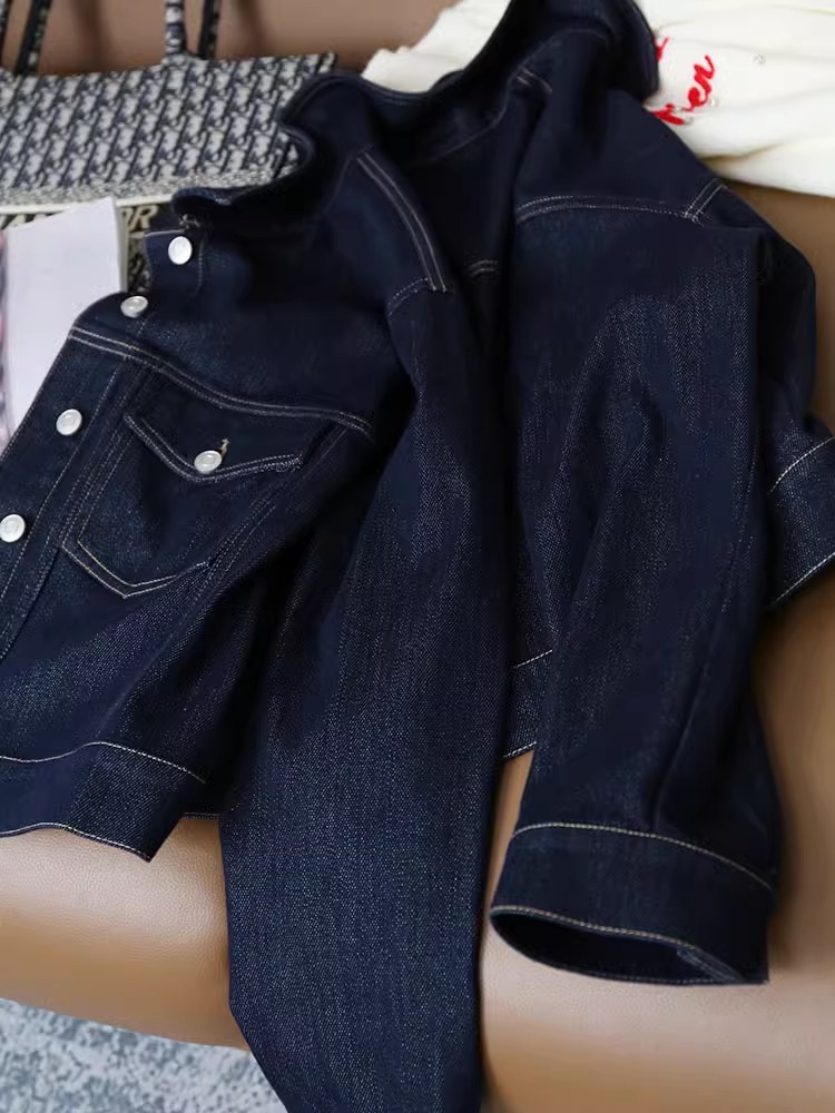 Women's Denim Jacket Bright Silk Lapel Niche Design Short Coat_voghion.com
