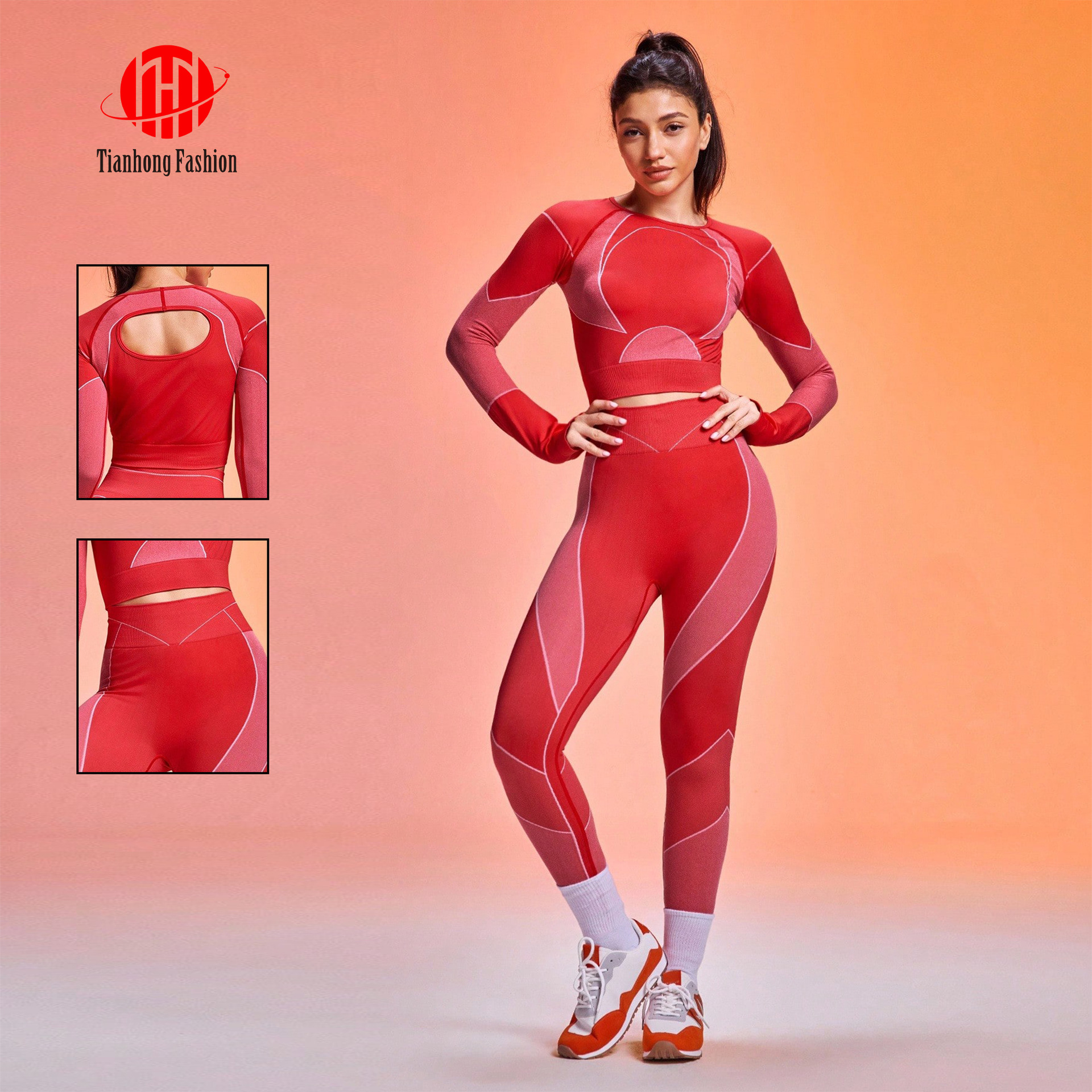 European and American Cross-Border Yoga Clothes for Women with Exposed Navel, Long Sleeves, Peach Buttocks, Slimming Look Fitness Running Sports High-Waisted Pants Suit