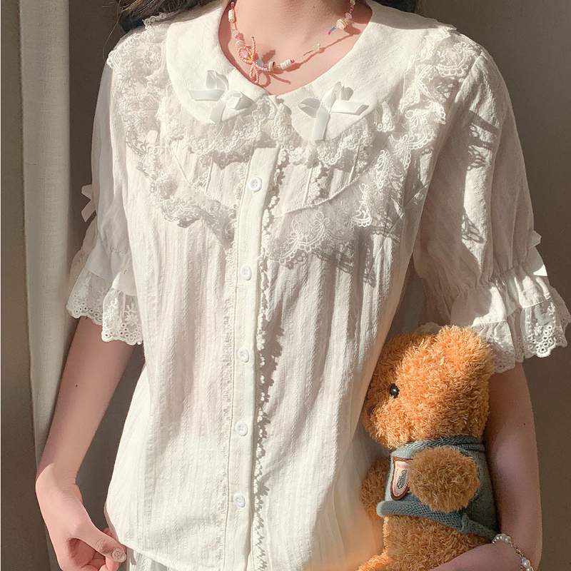 Lolita Inner Shirt Women's Short-Sleeved Solid Color Cotton Summer Princess Dress Sweet and Cute Lolita Doll Collar Lolita Inner Shirt Women's Short-Sleeved Solid Color Cotton Summer Princess Dress Sweet and Cute Lolita Doll Collar