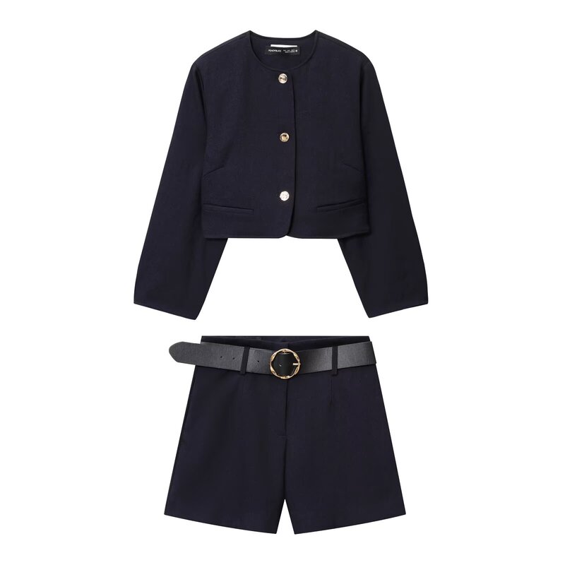Cross-Border Export Women's Autum European and American Style Golden Button Short Suit Jacket with Belt Casual Shorts Suit