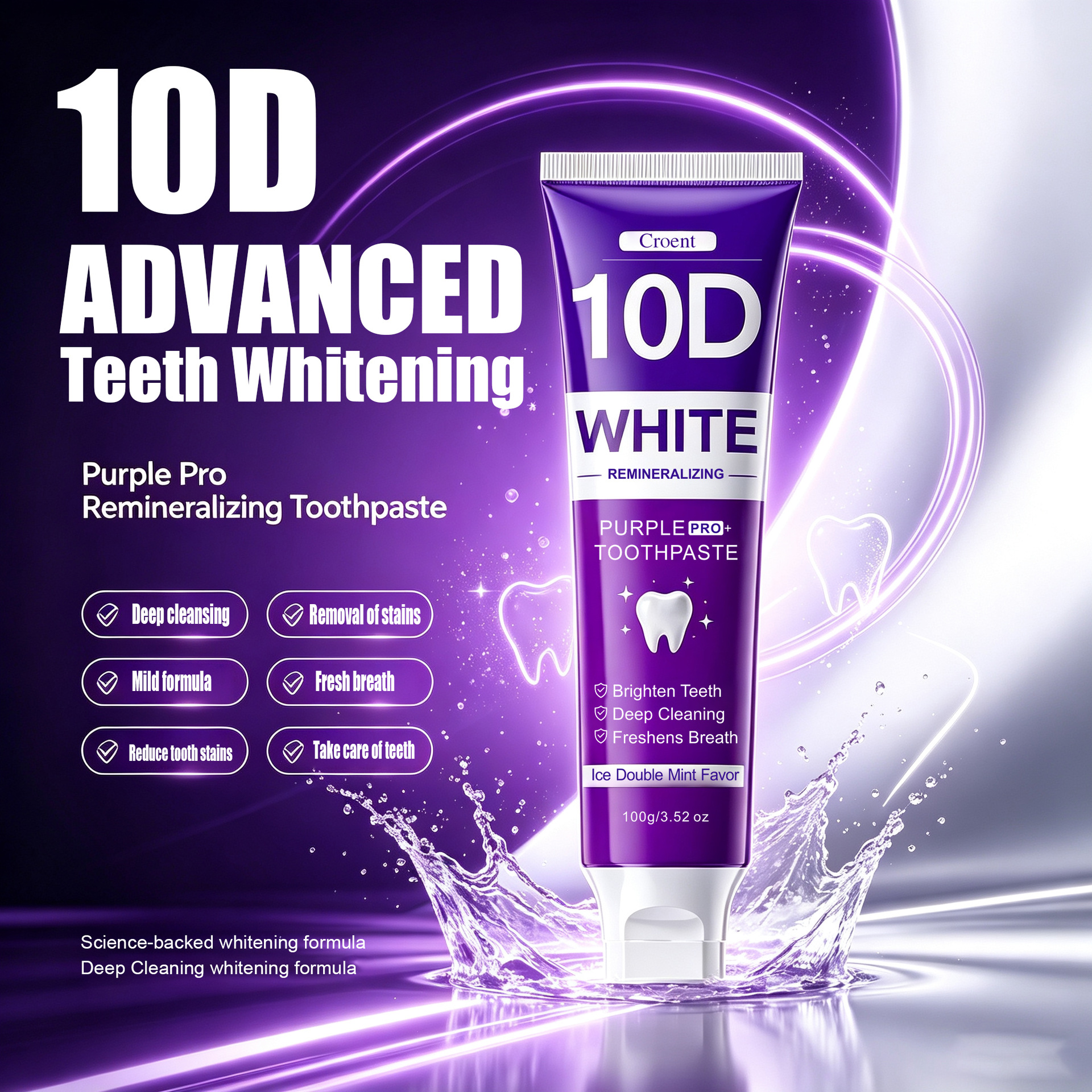 English version 10D whitening toothpaste purple PRO for clean and fresh breath 100g cross-border manufacturer wholesale