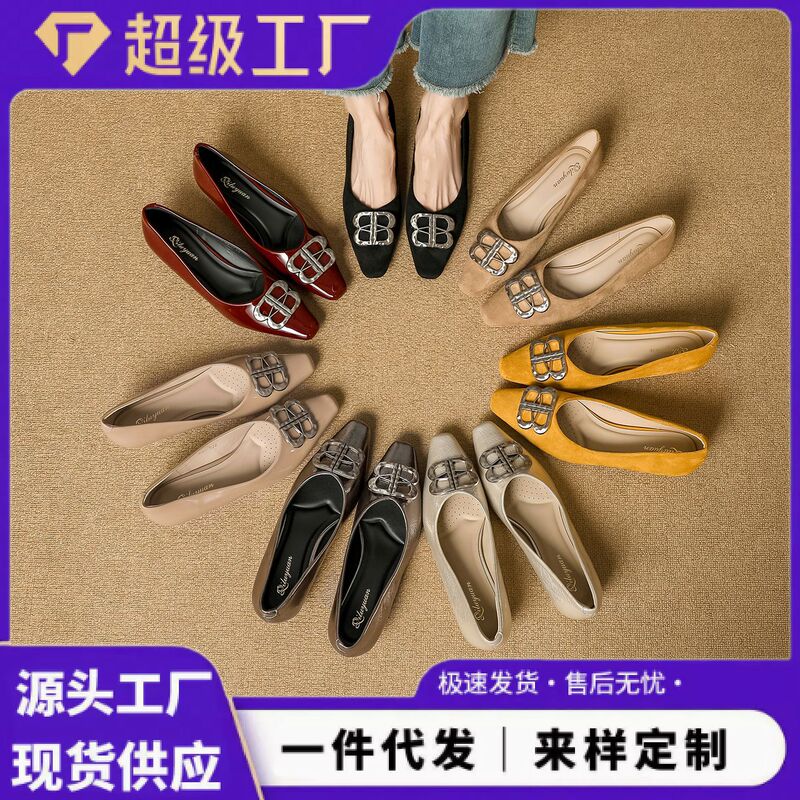 Comfortable, chunky-heeled women's shoes, new spring/autumn collection, French-style metal buckle, mid-heel, square toe, slip-on design, shallow-mouth flats Comfortable, chunky-heeled women's shoes, new spring/autumn collection, French-style metal buckle, mid-heel, square toe, slip-on design, shallow-mouth flats