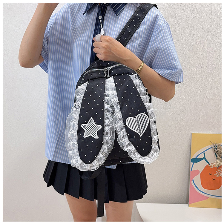 Indigo Smoke Mesh Bunny Ear Student Backpack Japanese Style Cute Girls School Bag High-Value Casual Versatile Travel Shoulder Backpack