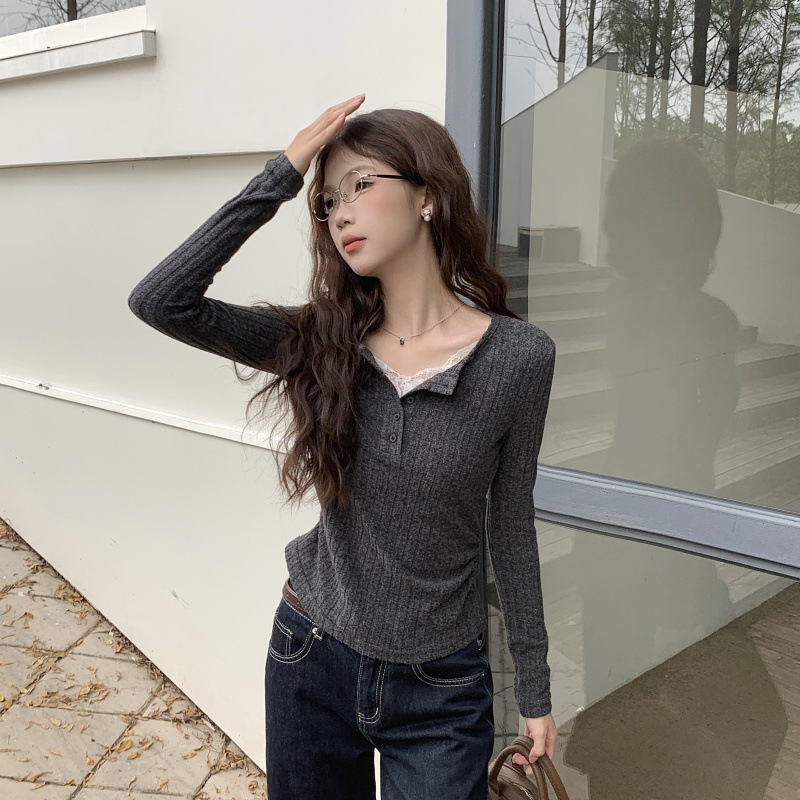 实拍#美式收腰长袖T恤女秋季高级感修身打底衫女内搭黄色蕾丝|undefined