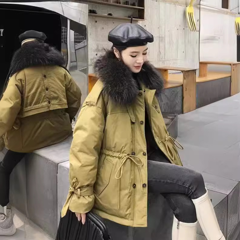 High-count cotton feel delicate water-repellent wind-resistant natural real raccoon fur detachable collar down jacket Women's Small short