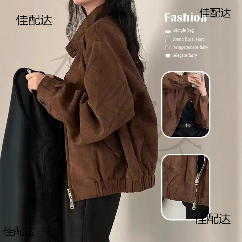 春と秋の新型の鹿の皮の絨毯のコートの女性の美ラードのアメリカの復古の短い上着のゆったりしていることをまねています。|undefined