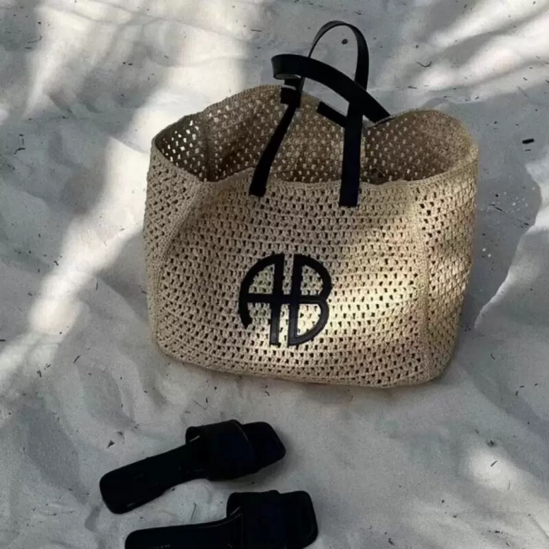 Ab Letter Straw Large Capacity Tote Bag Vacation Beach Bag Rio Women's Stripesd Vacation Seaside Bag