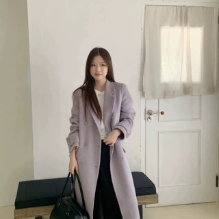 秋冬新款双面羊毛大衣女宽松气质羊外套西装领双排扣毛呢大衣韩系