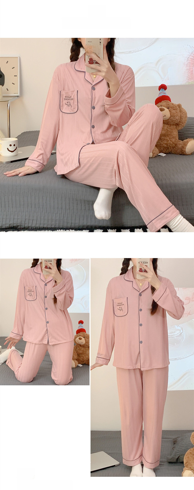 Sweet cartoon embroidered bear girl sweet spring and autumn long-sleeved trousers cardigan milk silk pit foreign trade suit_voghion.com