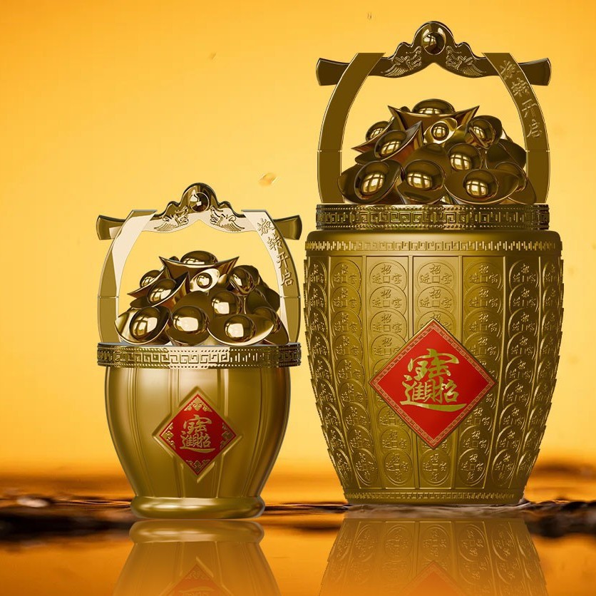 招财进宝 一桶金玻璃酒瓶一斤装白酒瓶3斤装喷涂烤花瓶带盖全套