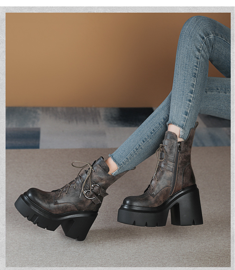 Boot nữ cổ thấp da thật phong cách Anh quốc, gót vuông 12 cm, khóa dây kéo — Lót nhung đen chi tiết 3