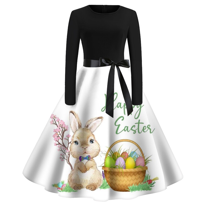Cross Border Women's New Easter Gift Rabbit Easter Egg Pattern Printed Long Sleeve Dress