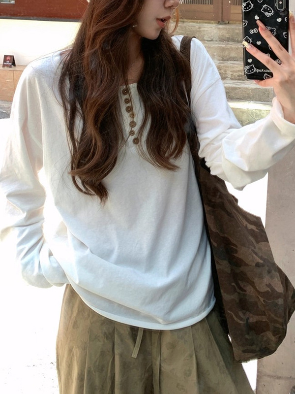 曲奇饼干 不规则扣罩衫上衣女卷边设计感长袖休闲T恤|undefined