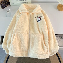 网红新款甜美KT猫半边绒睡衣套装女冬拉链连帽加厚大码休闲家居服