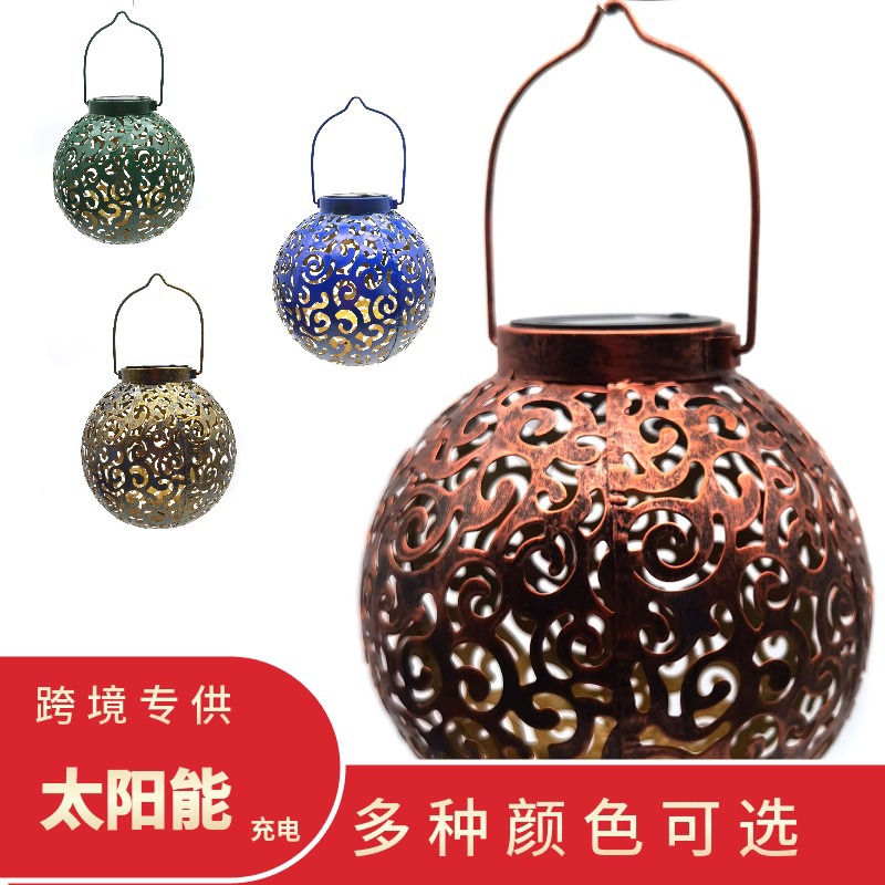 精选亚马逊热销太阳能铁艺镂空灯笼 户外庭院装饰灯 景观灯草坪灯
