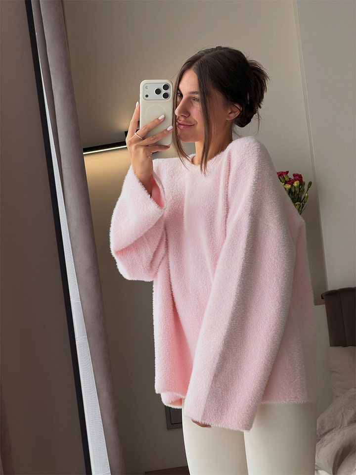 Áo len nữ cổ tròn dáng rộng chất liệu giả lông chồn mềm mại tay dài — màu hồng, màu vàng, trắng chi tiết 8