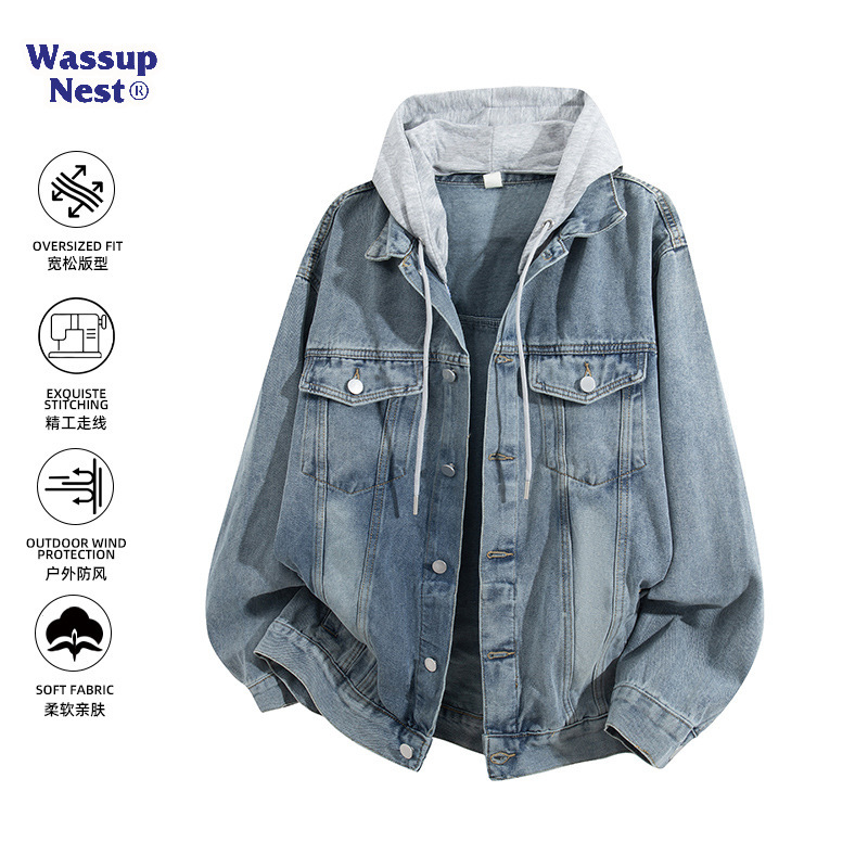 Wassupnest Cotton Fake Two-Piece Hooded Denim Jacket Men's Spring and Autum New Old Washed Retro Jacket