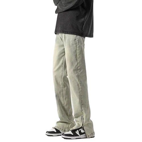Spring/Autumn Yellow Mud-Dyed Flared Jeans for Men, Washed American-Style Pants with High-Street Fashion Brand Design—Featuring a Zipper and Split Crotch for a Straight-Leg Look
