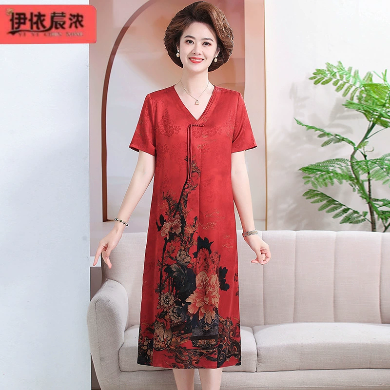 Физический оптовый имитационный шелковый с короткими рукавами платье мама летнее новое платье среднего возраста женщина с V-образным вырезом