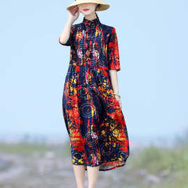 梅子 复古棉麻中国风盘扣连衣裙 印花春夏季禅意茶服轻中式女装