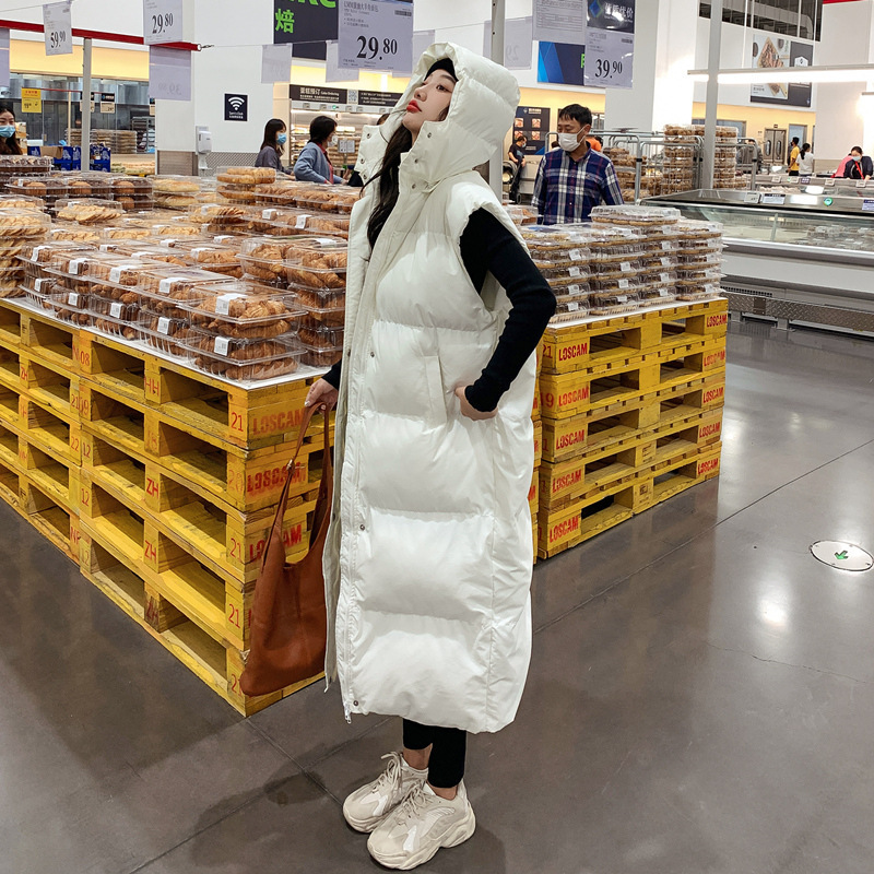 Foreign Trade Over-The-Knee Long Cotton Vest for Women with Hood, 2023 Winter down Cotton Jacket, Vest for Outerwear, Elegant