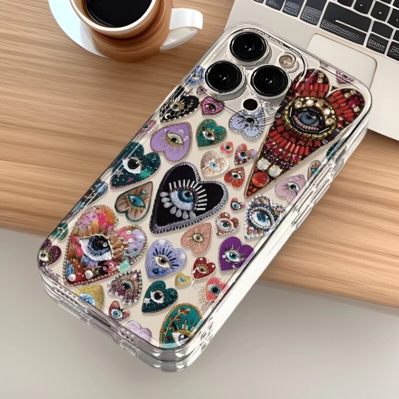 Colorful Heart-Shaped Eye Design Suitable for Apple 17 Pro Max, Cross-Border 16 Plus Transparent Case, 15 European and American Style, 14 Space Case, 13 Popular