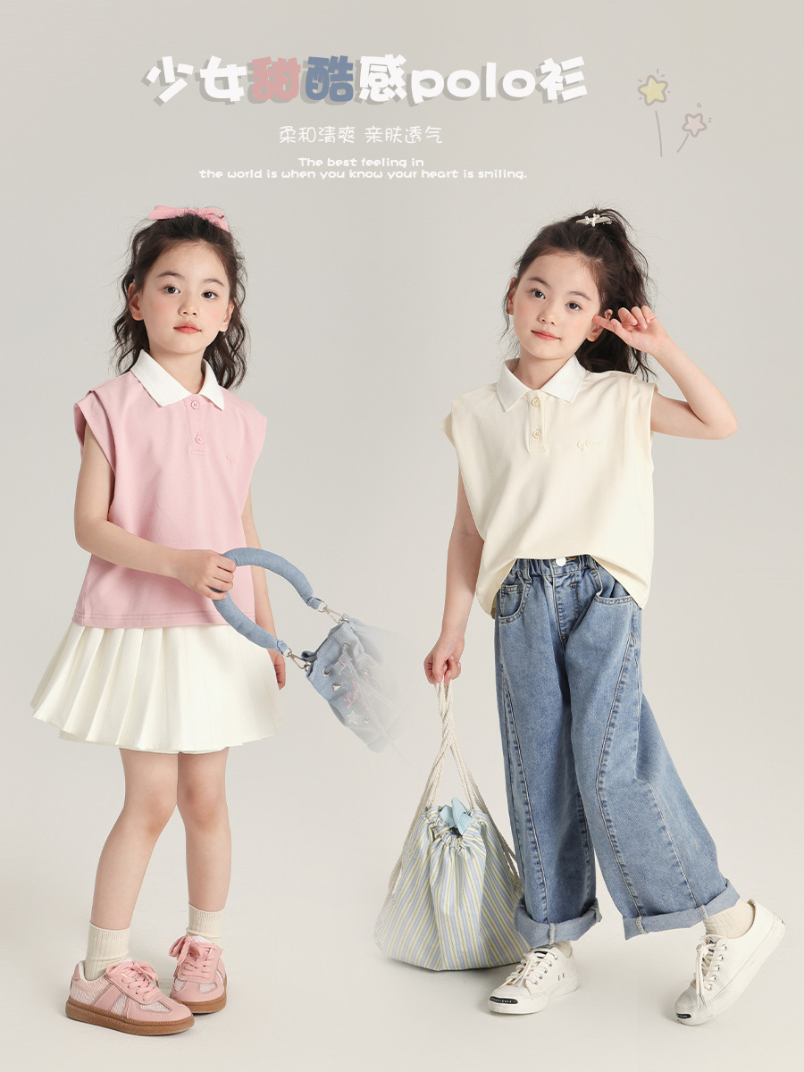 2025年新作 カジュアルでトレンディな女の子用半袖Tシャツ 可愛いポロシャツ 立体発泡プリント 子供用Tシャツ