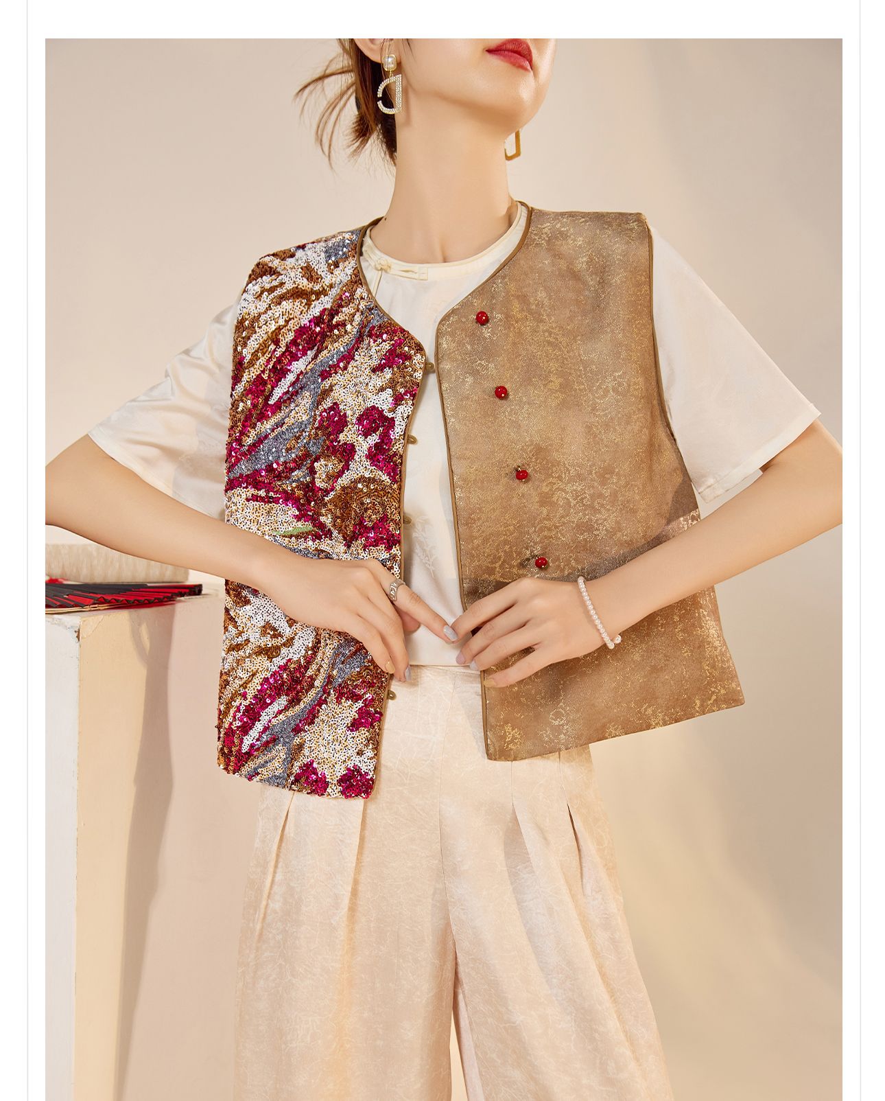 Áo vest nữ phong cách Trung Hoa mới 2026, thiết kế thêu sequin, chất rayon sang trọng — Đen, Màu huyền ảo, Xanh lam chi tiết 8
