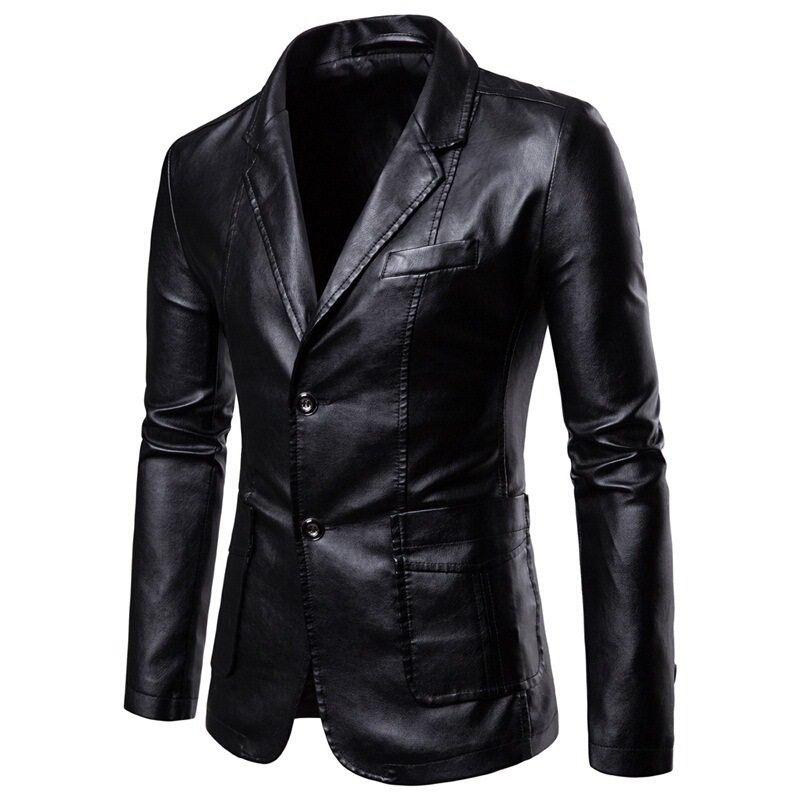 Cross-Border Men's Slim Fit Leather Jacket with Suit Collar, Versatile Pu Leather Blazer, Leather Jacket, Aliexpress