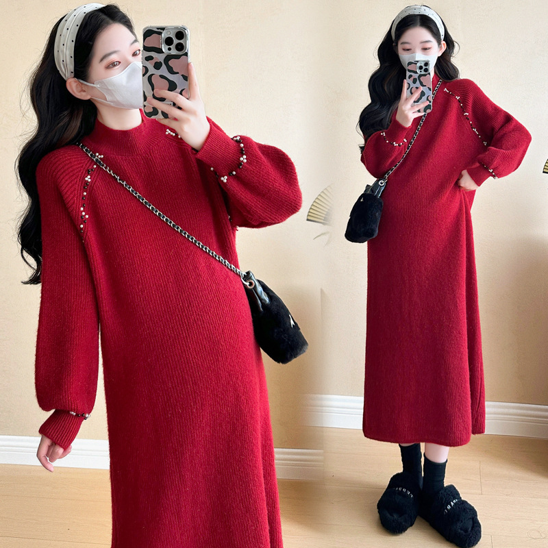 Trendy Maternity Wear 2026 Autumn and Winter New Chanel-Style New Year's Eve Christmas Red Heavy-Duty Maternity Dress