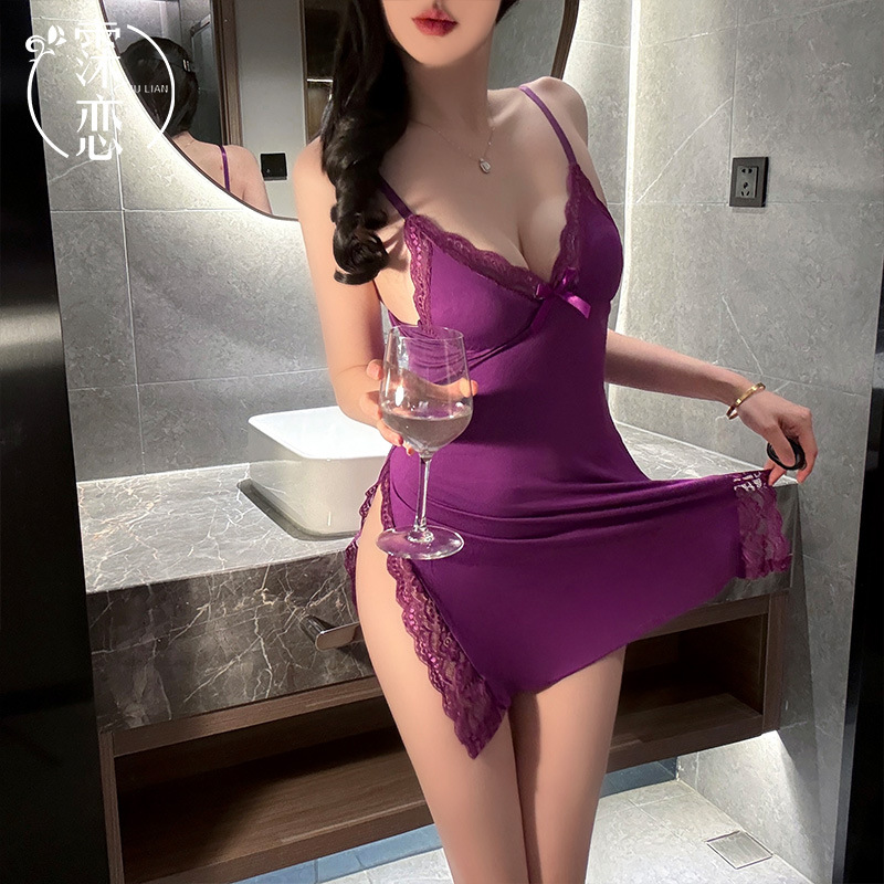 Xuqing 섹시한 속옷 유럽과 미국의 고급 모달 섹시한 잠옷 여성 플러스 사이즈 지방 MM 보라색 레이스 서스펜더 잠옷