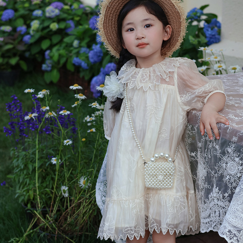 Bolsa de hombro coreana para niñas, gran perla portátil, botón de rosa, mini bolso para niños, nuevo bolso para niños de verano