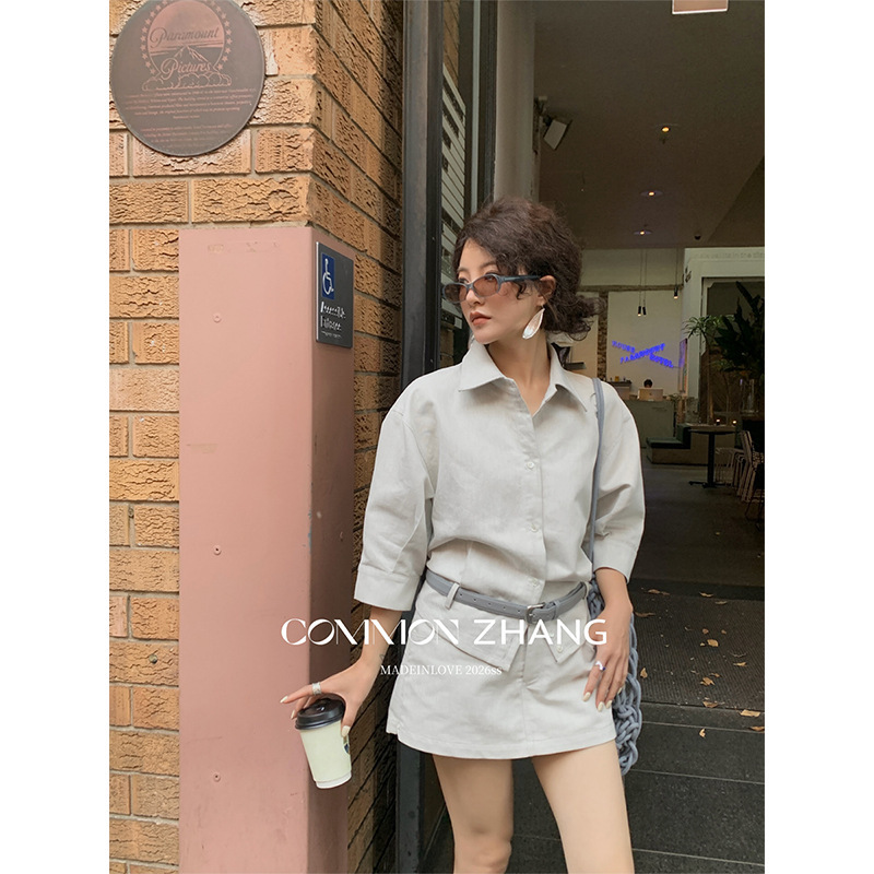 Youji Cz Zhang Spring Collection Belted Seven-Quarter Sleeve Thin American-Style Denim Shirt for Women Commuter Blouse C14047-A