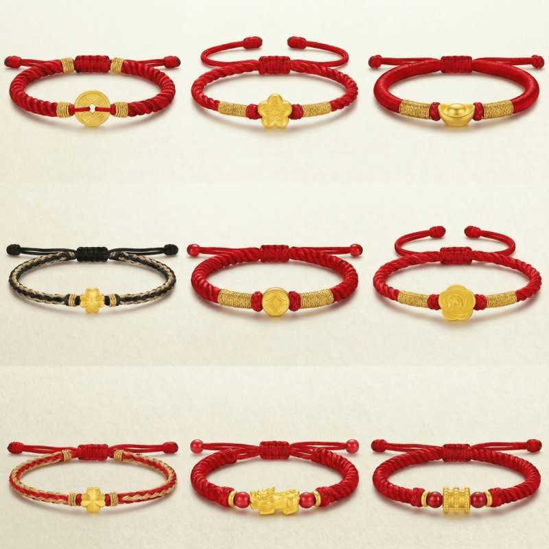 Pure Gold 999 Red String Bracelet with Fortune Beads for the Year of Birth, Red String for Babies, Full Moon, Couple's Gold Jewelry Bracelet, Popular Item