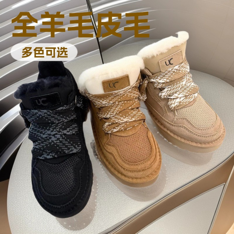 Cross-Border Popular Lace-Up Mer Low-Top Eva Sole Sheepskin Integrated Warm Couple's Casual Snow Boots Genuine Leather and Fur