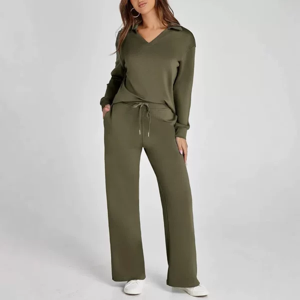 Amazon Independent Station Loose V-Neck Long-Sleeved Top with Drawstring Design Elastic Waist Flared Pants Two-Piece Set