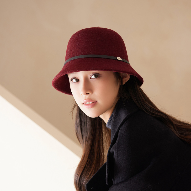 秋冬新款羊毛呢圆顶渔夫帽女显脸小优雅皮带毡帽户外保暖时尚帽子|undefined
