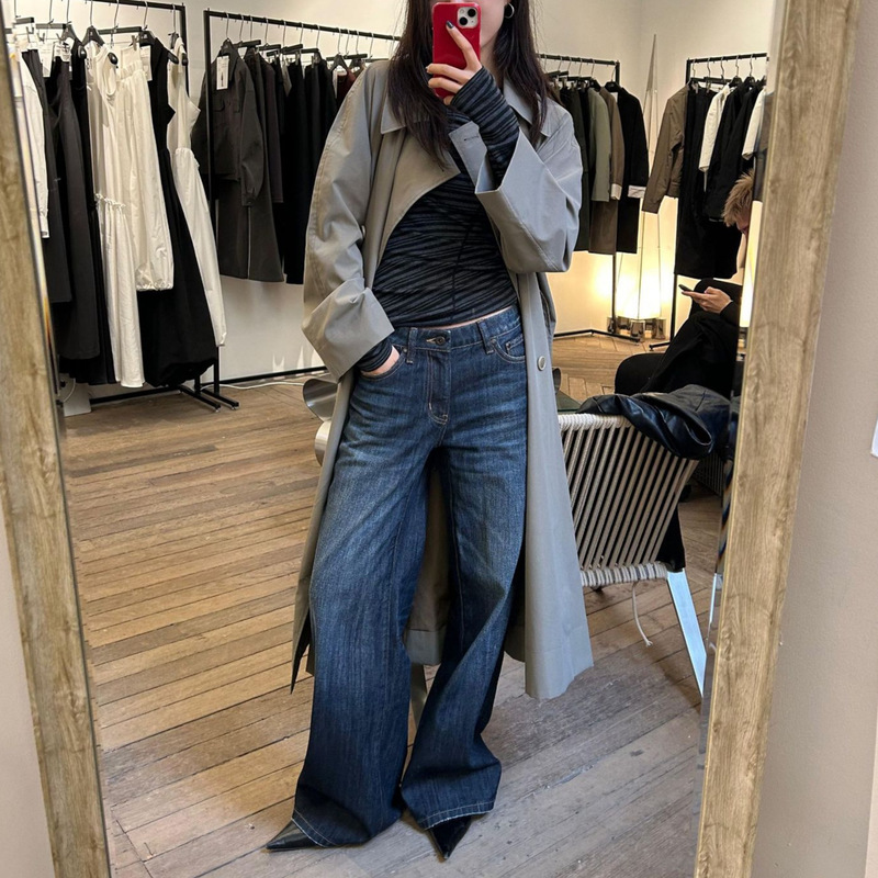 Ouyang Nana with 005L Retro dark blue Low Waist Straight Jeans Women's New Original Color Tannin Wide Leg Pants